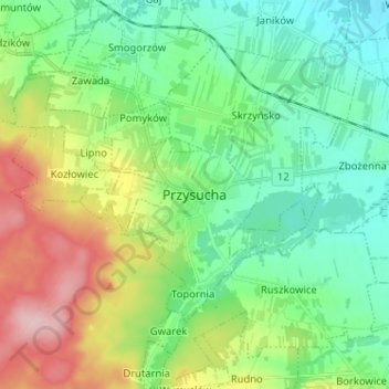 Przysucha topographic map, elevation, terrain