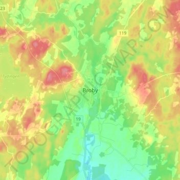 Broby topographic map, elevation, terrain