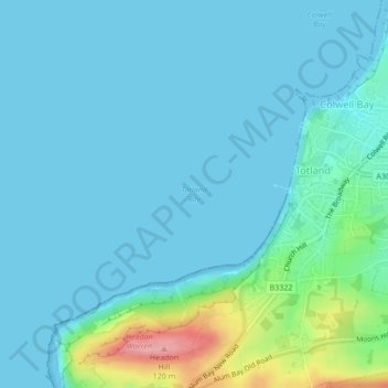 Totland Bay topographic map, elevation, terrain