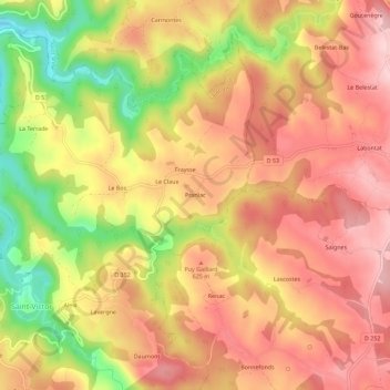 Pranlac topographic map, elevation, terrain