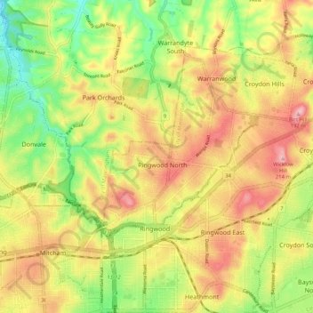 Ringwood North topographic map, elevation, terrain