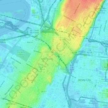Journal Square topographic map, elevation, terrain