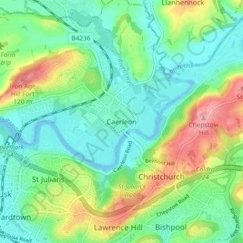 Caerleon topographic map, elevation, terrain