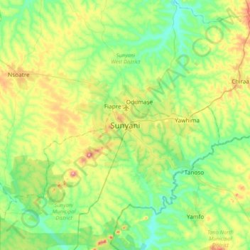 Sunyani topographic map, elevation, terrain