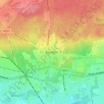 Baudour topographic map, elevation, terrain