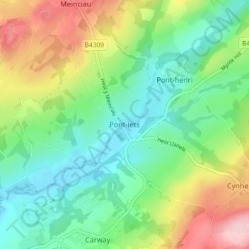 Pontyates topographic map, elevation, terrain
