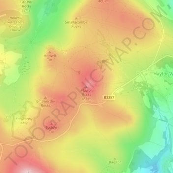 Haytor Rocks topographic map, elevation, terrain