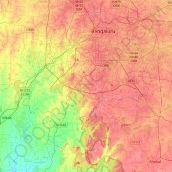 Bangalore South topographic map, elevation, terrain
