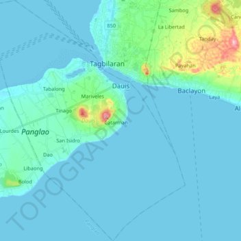 Dauis topographic map, elevation, terrain