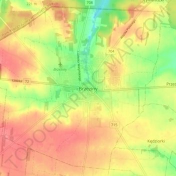 Brzeziny topographic map, elevation, terrain