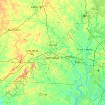 Gaston County topographic map, elevation, terrain
