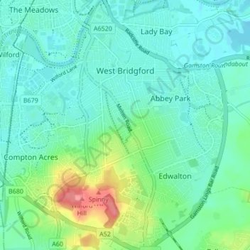 West Bridgford topographic map, elevation, terrain