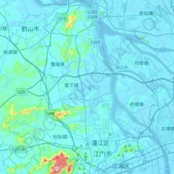 蓬江区 topographic map, elevation, terrain