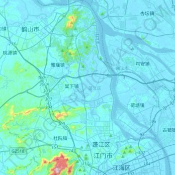 蓬江区 topographic map, elevation, terrain