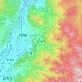 Yamanouchi topographic map, elevation, terrain