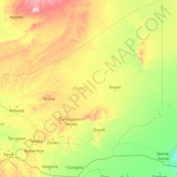 Zinder Region topographic map, elevation, terrain