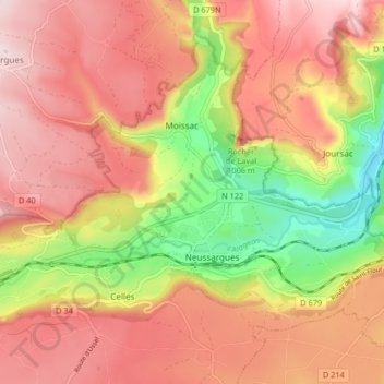 Neussargues-Moissac topographic map, elevation, terrain