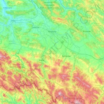 powiat krośnieński topographic map, elevation, terrain