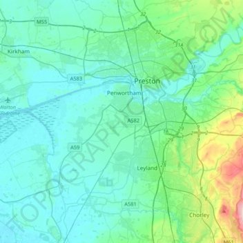 South Ribble topographic map, elevation, terrain