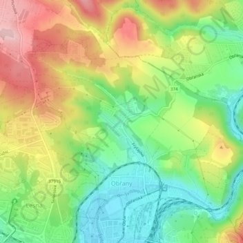 Obřany topographic map, elevation, terrain