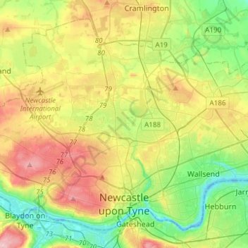 Newcastle upon Tyne topographic map, elevation, terrain
