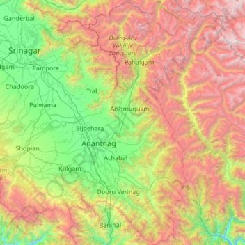 Anantnag district topographic map, elevation, terrain