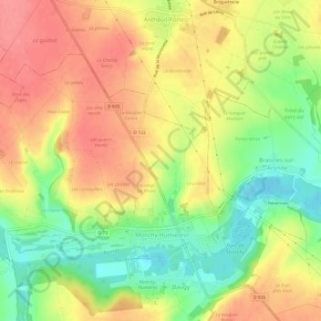 Monchy-Humières topographic map, elevation, terrain
