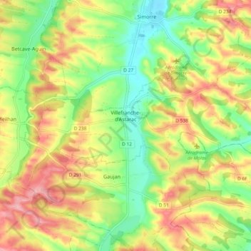 Villefranche-d'Astarac topographic map, elevation, terrain