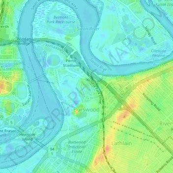 Burswood topographic map, elevation, terrain