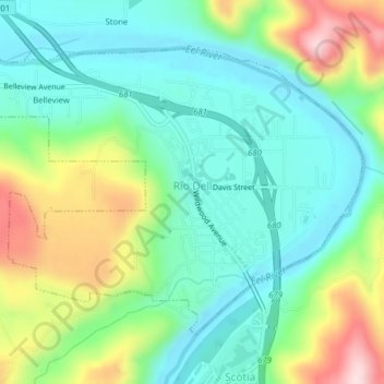 Rio Dell topographic map, elevation, terrain