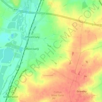 Offord Cluny and Offord D'Arcy topographic map, elevation, terrain