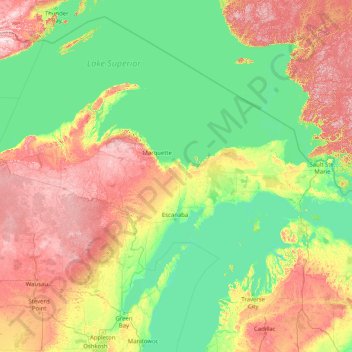 Upper Peninsula topographic map, elevation, terrain