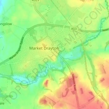 Market Drayton topographic map, elevation, terrain