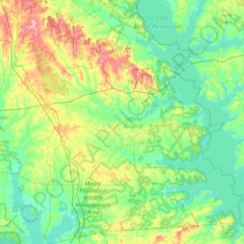 Sabine County topographic map, elevation, terrain