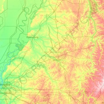 West Tennessee topographic map, elevation, terrain