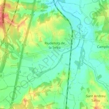 Riudellots de la Selva topographic map, elevation, terrain