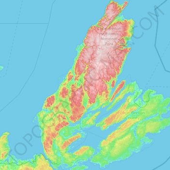 Cape Breton Island topographic map, elevation, terrain