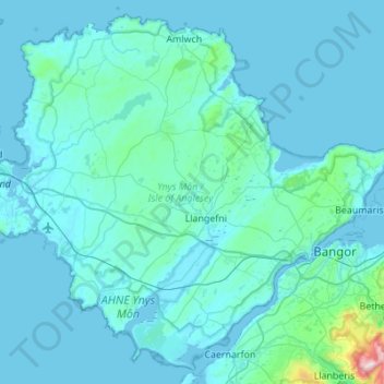 Isle of Anglesey topographic map, elevation, terrain