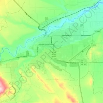 Cody topographic map, elevation, terrain