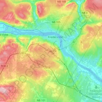 Fredericton topographic map, elevation, terrain