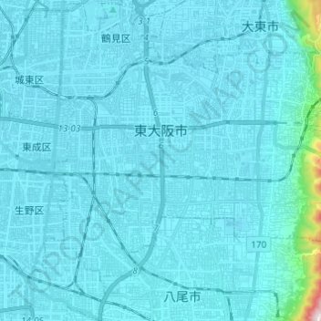 Higashiōsaka topographic map, elevation, terrain