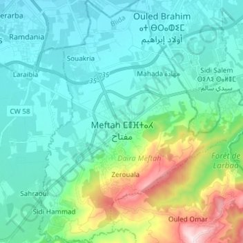 Meftah ⵎⴻⴼⵜⴰⵃ مفتاح topographic map, elevation, terrain