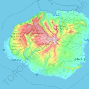 Kauai topographic map, elevation, terrain