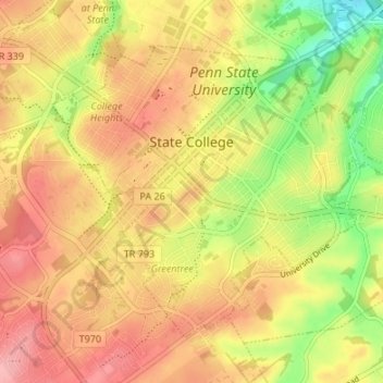 State College topographic map, elevation, terrain