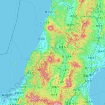 Préfecture de Yamagata topographic map, elevation, terrain