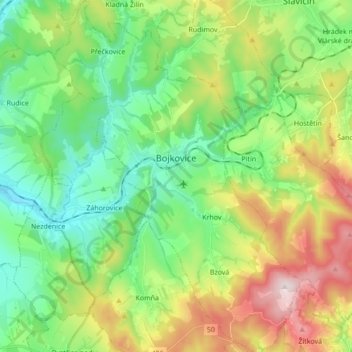 Bojkovice topographic map, elevation, terrain