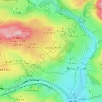 Bolton Abbey topographic map, elevation, terrain