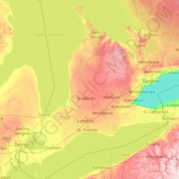 Southwestern Ontario topographic map, elevation, terrain