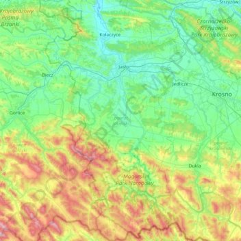 Jasło County topographic map, elevation, terrain
