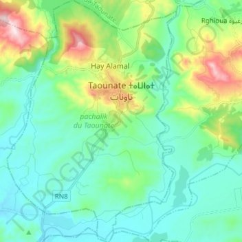Taounate topographic map, elevation, terrain